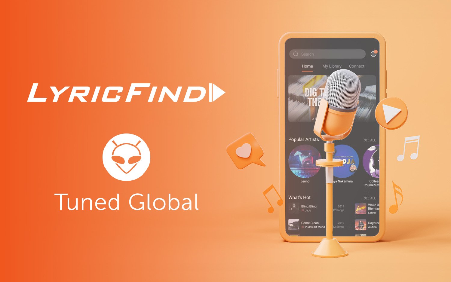 LyricFind and Tuned Global logos with smart phone illustration