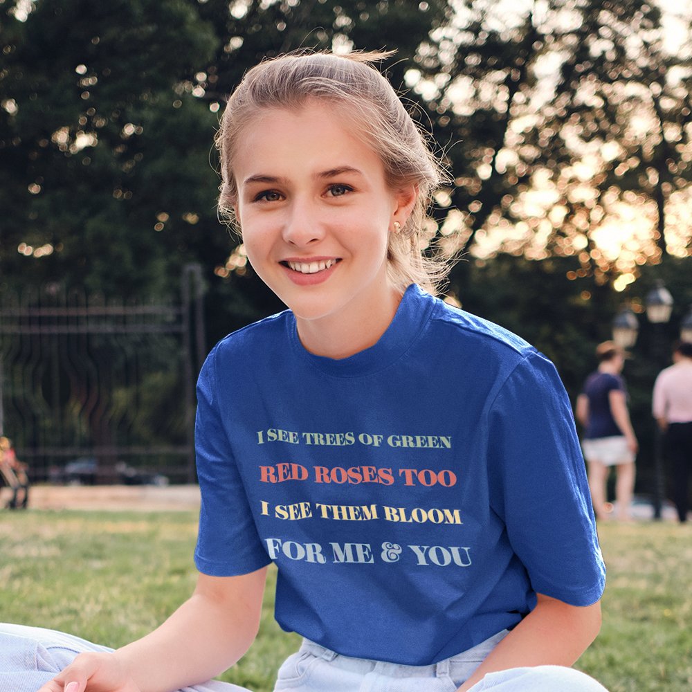 Woman wearing t-shirt with colourful lyric design